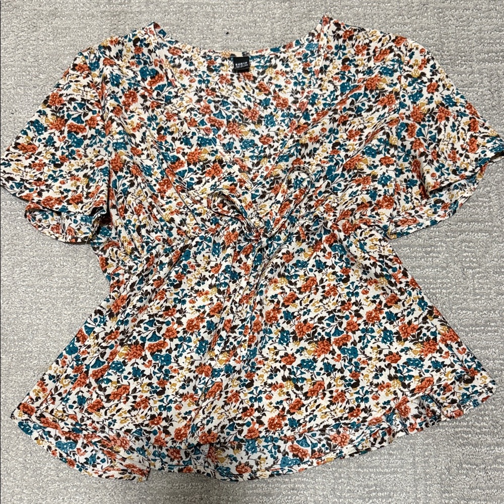 SHEIN White Floral Tie-Front Blouse with Rust & Teal Accents